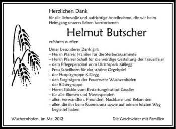 Anzeige von Helmut Butscher von Schwäbische Zeitung