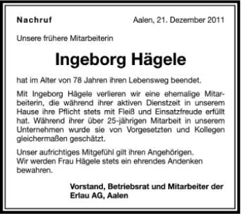 Anzeige von Ingeborg Hägele von Schwäbische Zeitung