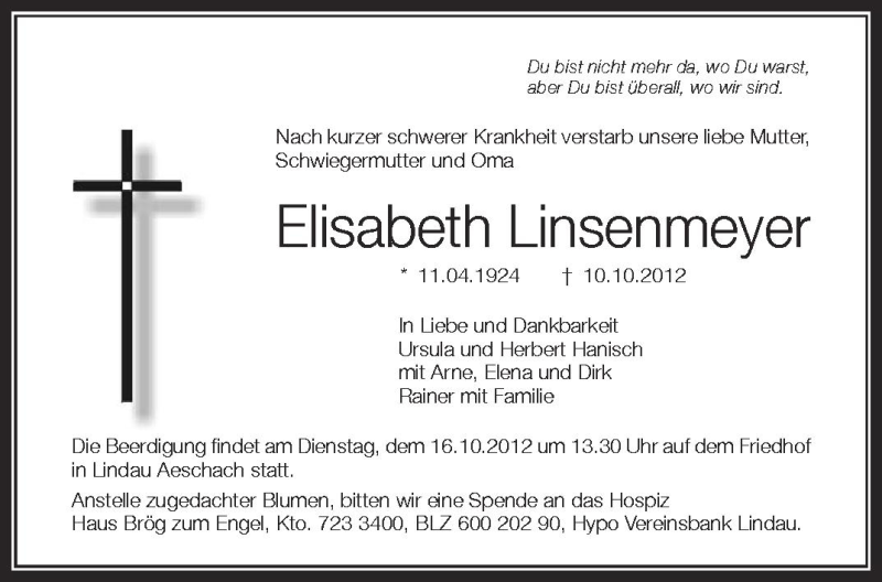  Traueranzeige für Elisabeth Linsenmeyer vom 13.10.2012 aus Schwäbische Zeitung