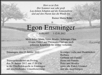 Anzeige von Egon Ensminger von Schwäbische Zeitung