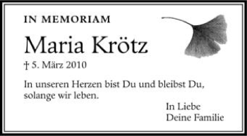 Anzeige von Maria Krötz von Schwäbische Zeitung