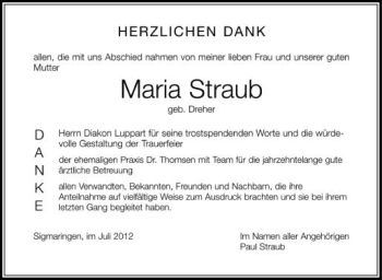 Anzeige von Maria Straub von Schwäbische Zeitung