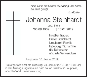 Anzeige von Johanna Steinhardt von Schwäbische Zeitung