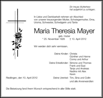 Anzeige von Maria Theresia Mayer von Schwäbische Zeitung