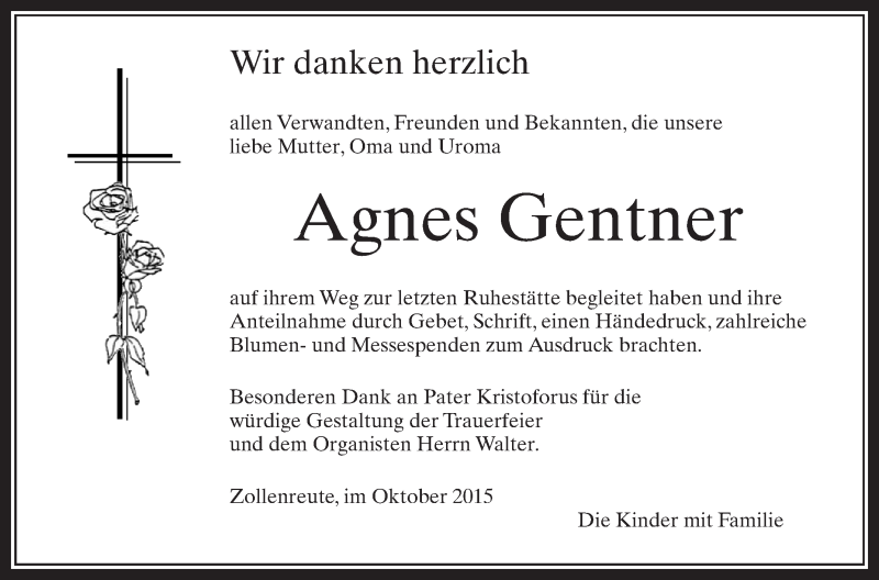  Traueranzeige für Agnes Gentner vom 06.10.2015 aus Schwäbische Zeitung