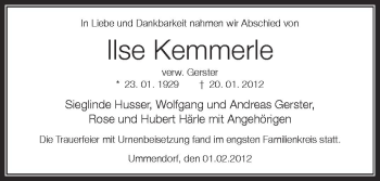 Anzeige von Ilse Kemmerle von Schwäbische Zeitung