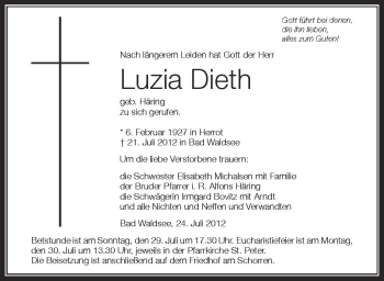 Anzeige von Luzia Dieth von Schwäbische Zeitung