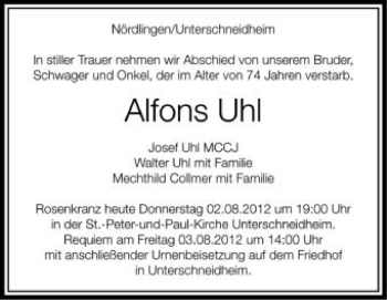 Anzeige von Alfons Uhl von Schwäbische Zeitung