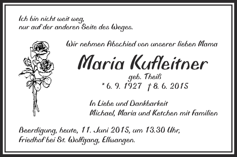  Traueranzeige für Maria Kufleitner vom 11.06.2015 aus Schwäbische Zeitung