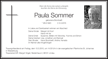 Anzeige von Paula Sommer von Schwäbische Zeitung