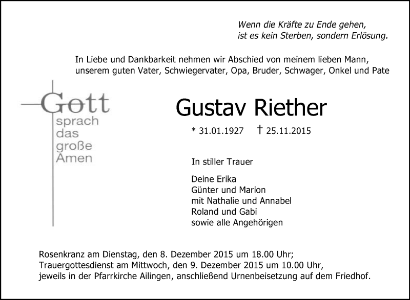  Traueranzeige für Gustav Riether vom 07.12.2015 aus Schwäbische Zeitung