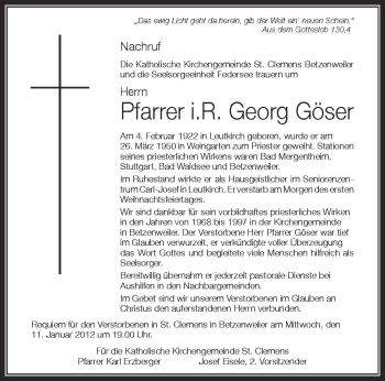 Anzeige von Georg Göser von Schwäbische Zeitung