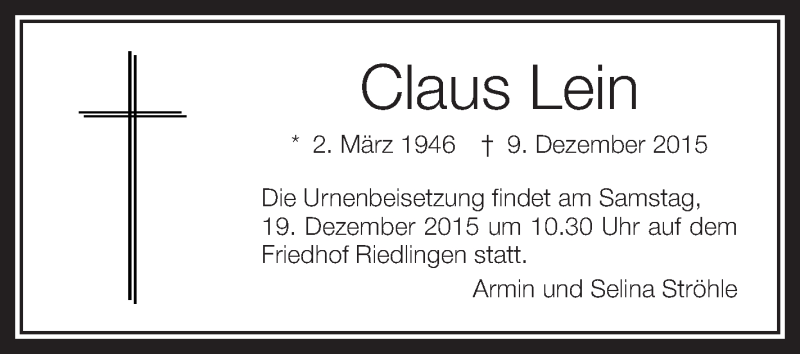  Traueranzeige für Claus Lein vom 18.12.2015 aus Schwäbische Zeitung