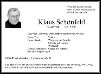 Anzeige von Klaus Schönfeld von Schwäbische Zeitung