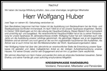 Anzeige von Wolfgang Huber von Schwäbische Zeitung