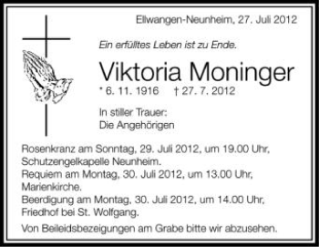 Anzeige von Viktoria Moninger von Schwäbische Zeitung