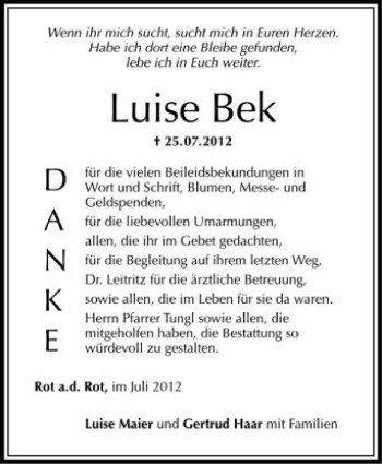 Anzeige von Luise Bek von Schwäbische Zeitung