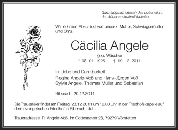 Anzeige von Cäcilia Angele von Schwäbische Zeitung