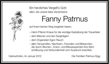 Anzeige von Fanny Patrnus von Schwäbische Zeitung