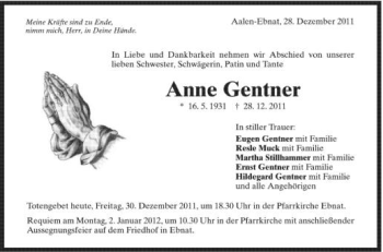 Anzeige von Anne Gentner von Schwäbische Zeitung