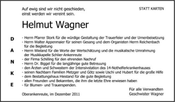 Anzeige von Helmut Wagner von Schwäbische Zeitung