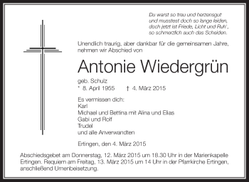 Anzeige von Antonie Wiedergrün von Schwäbische Zeitung
