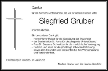 Anzeige von Siegfried Gruber von Schwäbische Zeitung