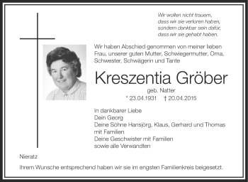 Anzeige von Kreszentia Gröber von Schwäbische Zeitung