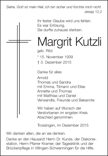 Anzeige von Margrit Kutzli von Schwäbische Zeitung