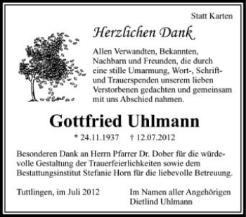 Anzeige von Gottfried Uhlmann von Schwäbische Zeitung