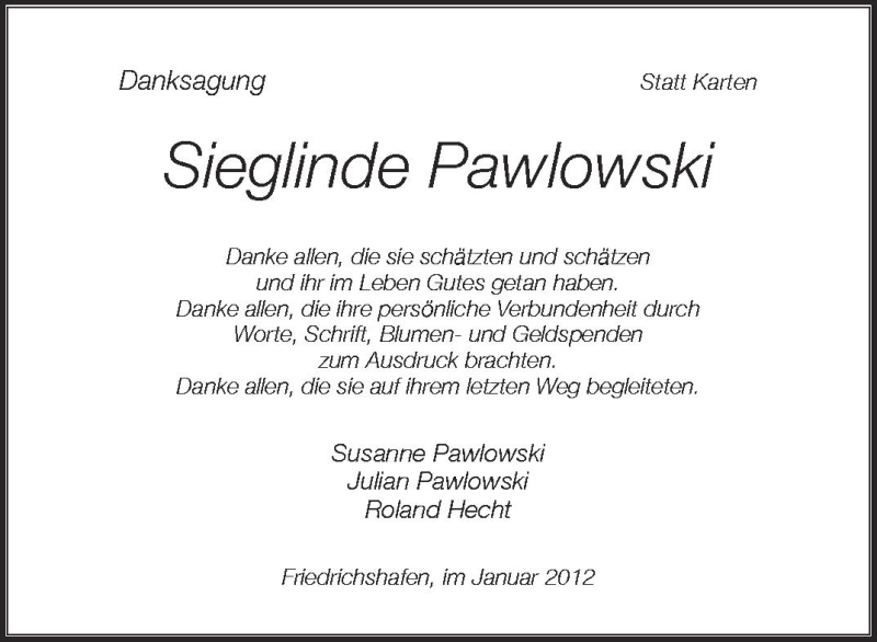  Traueranzeige für Sieglinde Pawlowski vom 07.01.2012 aus Schwäbische Zeitung