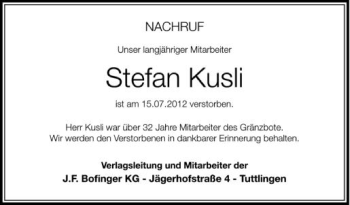 Anzeige von Stefan Kusli von Schwäbische Zeitung