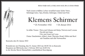Anzeige von Klemens Schirmer von Schwäbische Zeitung