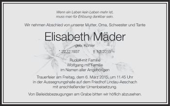 Anzeige von Elisabeth Mäder von Schwäbische Zeitung