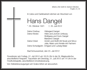 Anzeige von Hans Dangel von Schwäbische Zeitung