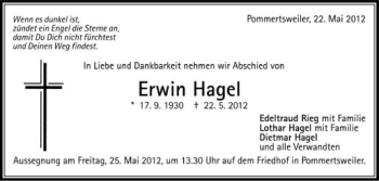 Anzeige von Erwin Hagel von Schwäbische Zeitung