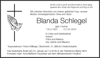 Anzeige von Blanda Schlegel von Schwäbische Zeitung