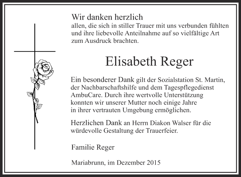  Traueranzeige für Elisabeth Reger vom 05.12.2015 aus Schwäbische Zeitung
