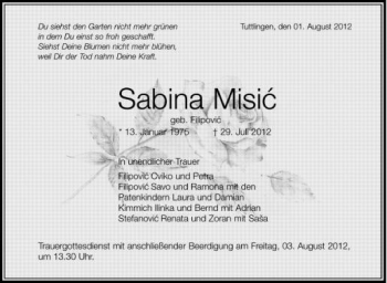 Anzeige von Sabina Misic von Schwäbische Zeitung