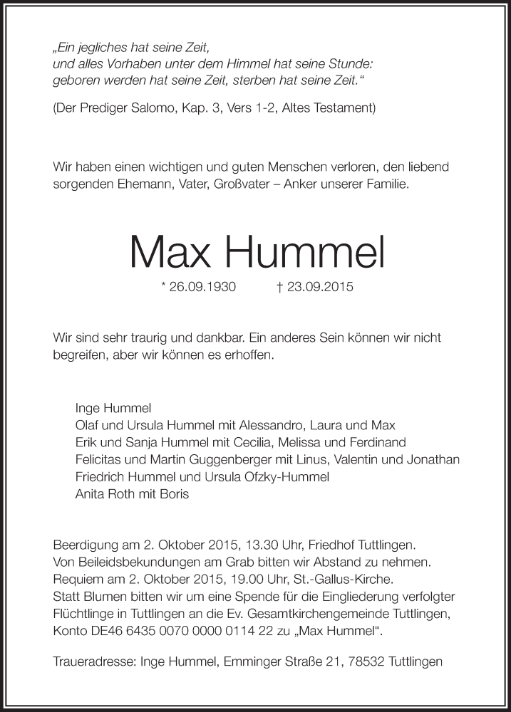  Traueranzeige für Max Hummel vom 26.09.2015 aus Schwäbische Zeitung