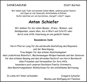 Anzeige von Anton Schiefer von Schwäbische Zeitung