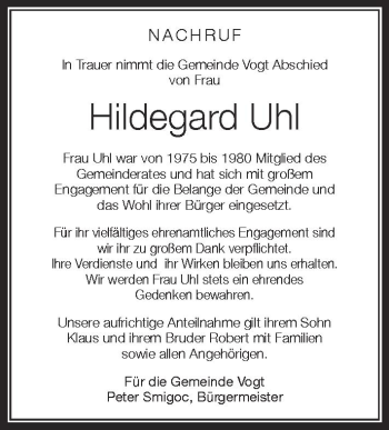 Anzeige von Hildegard Uhl von Schwäbische Zeitung