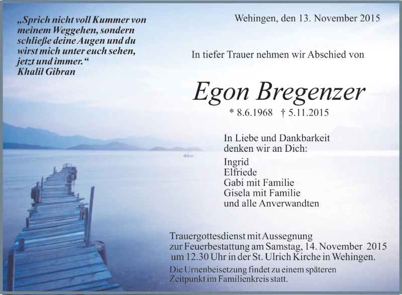  Traueranzeige für Egon Bregenzer vom 13.11.2015 aus Schwäbische Zeitung