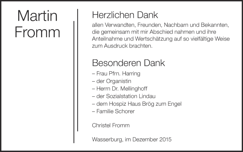  Traueranzeige für Martin Fromm vom 22.12.2015 aus Schwäbische Zeitung