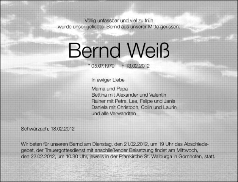  Traueranzeige für Bernd Weiß vom 18.02.2012 aus Schwäbische Zeitung