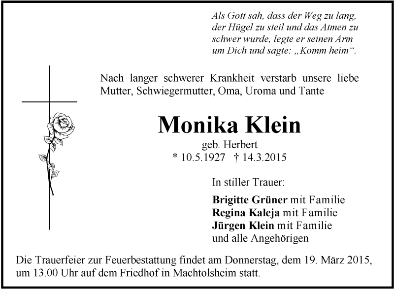  Traueranzeige für Monika Klein vom 17.03.2015 aus Schwäbische Zeitung
