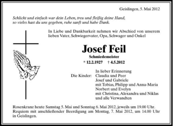 Anzeige von Josef Feil von Schwäbische Zeitung