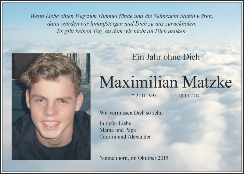  Traueranzeige für Maximilian Matzke vom 17.10.2015 aus Schwäbische Zeitung