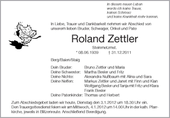 Anzeige von Roland Zettler von Schwäbische Zeitung