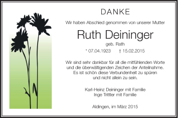 Anzeige von Ruth Deininger von Schwäbische Zeitung